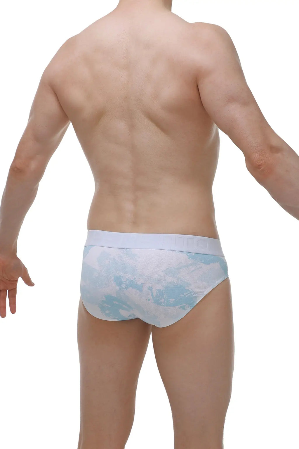 Light blue and white patterned men’s briefs with subtle geometric design from PetitQ brief dome marbre sky blue collection