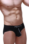 Black petitq men’s briefs with white stitching and branded waistband made from dome modal fabric