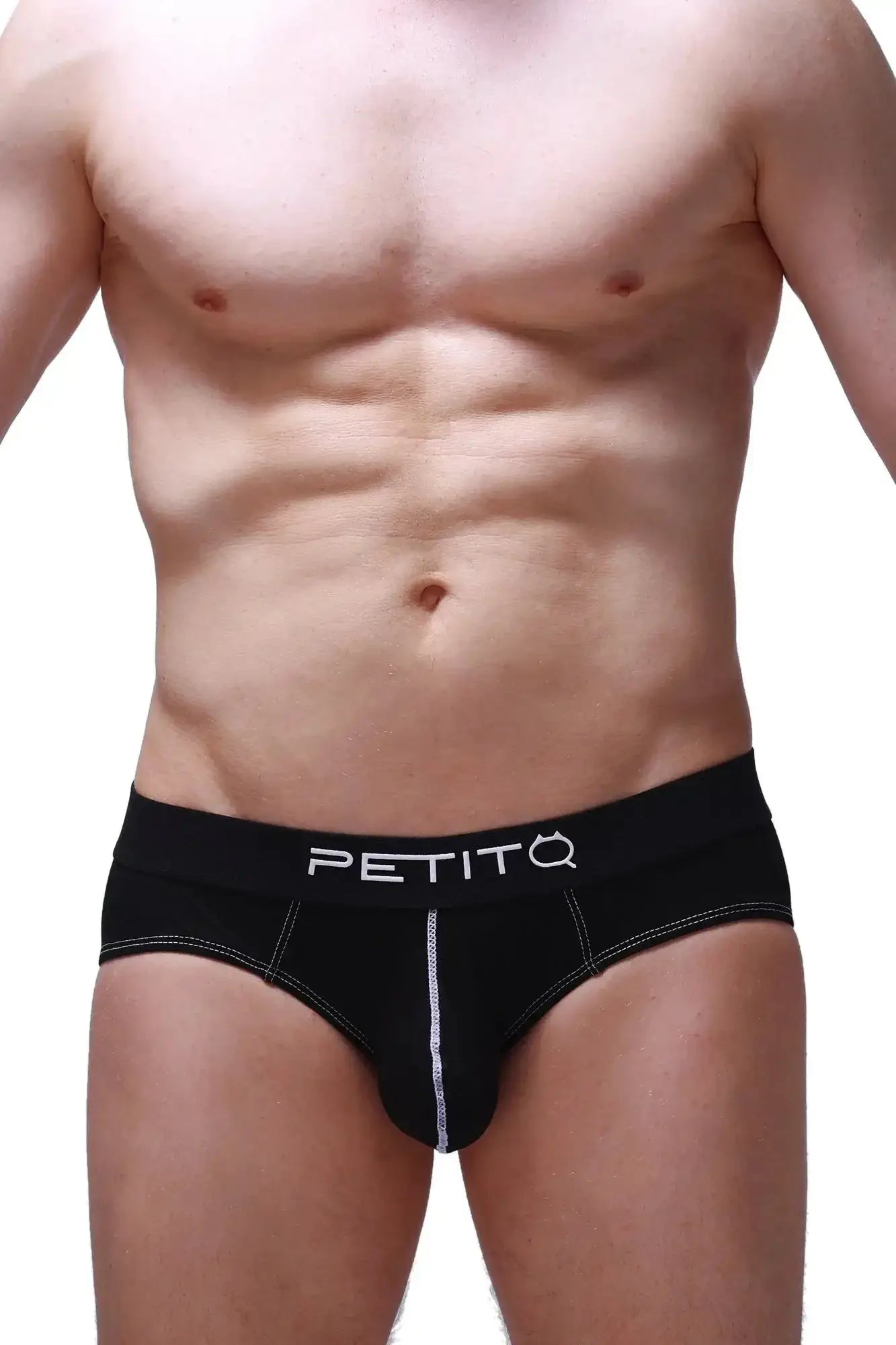 Black petitq briefs dome modal with white stitching and logo showing front side for comfortable everyday wear