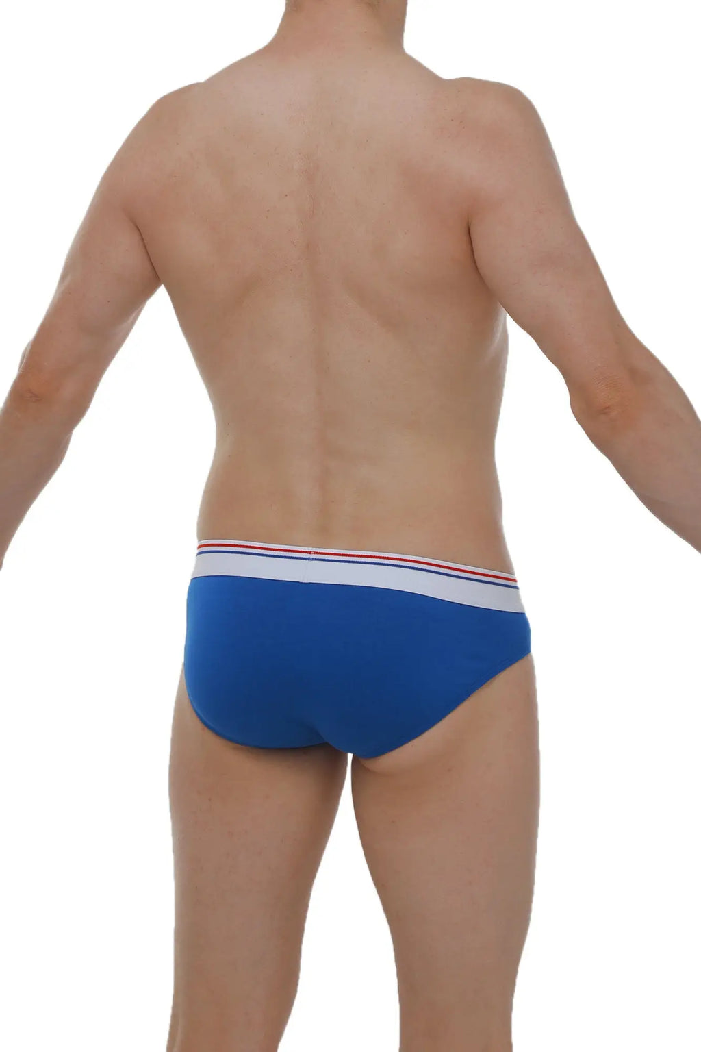 PetitQ brief dome modal blue men’s briefs with white waistband and red and blue stripes front view