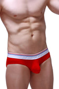 Red petitq brief dome modal mens underwear with white elastic waistband striped in red and blue featuring petitto branding