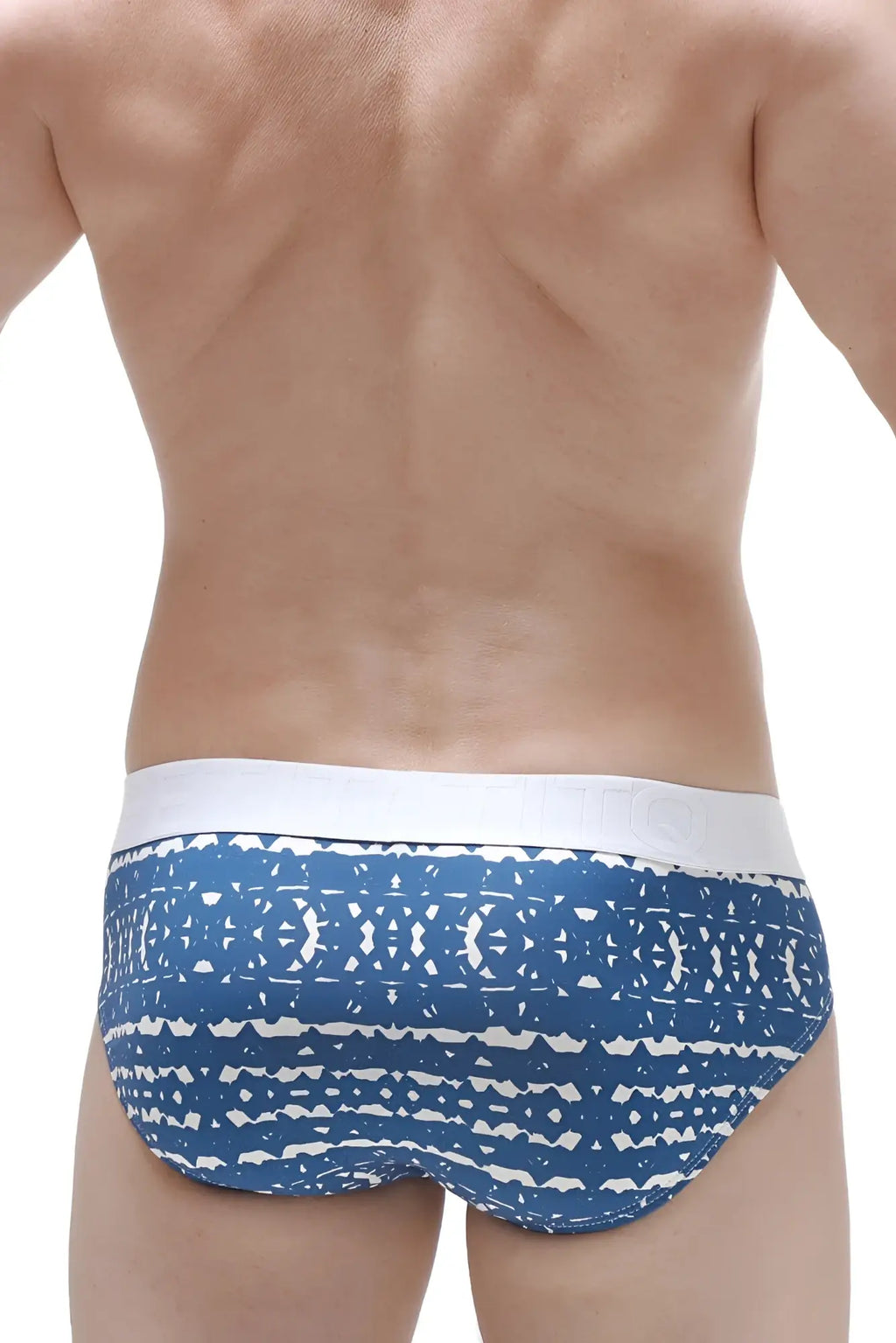 PetitQ brief dome new denim blue and white geometric patterned briefs in soft breathable fabric front view