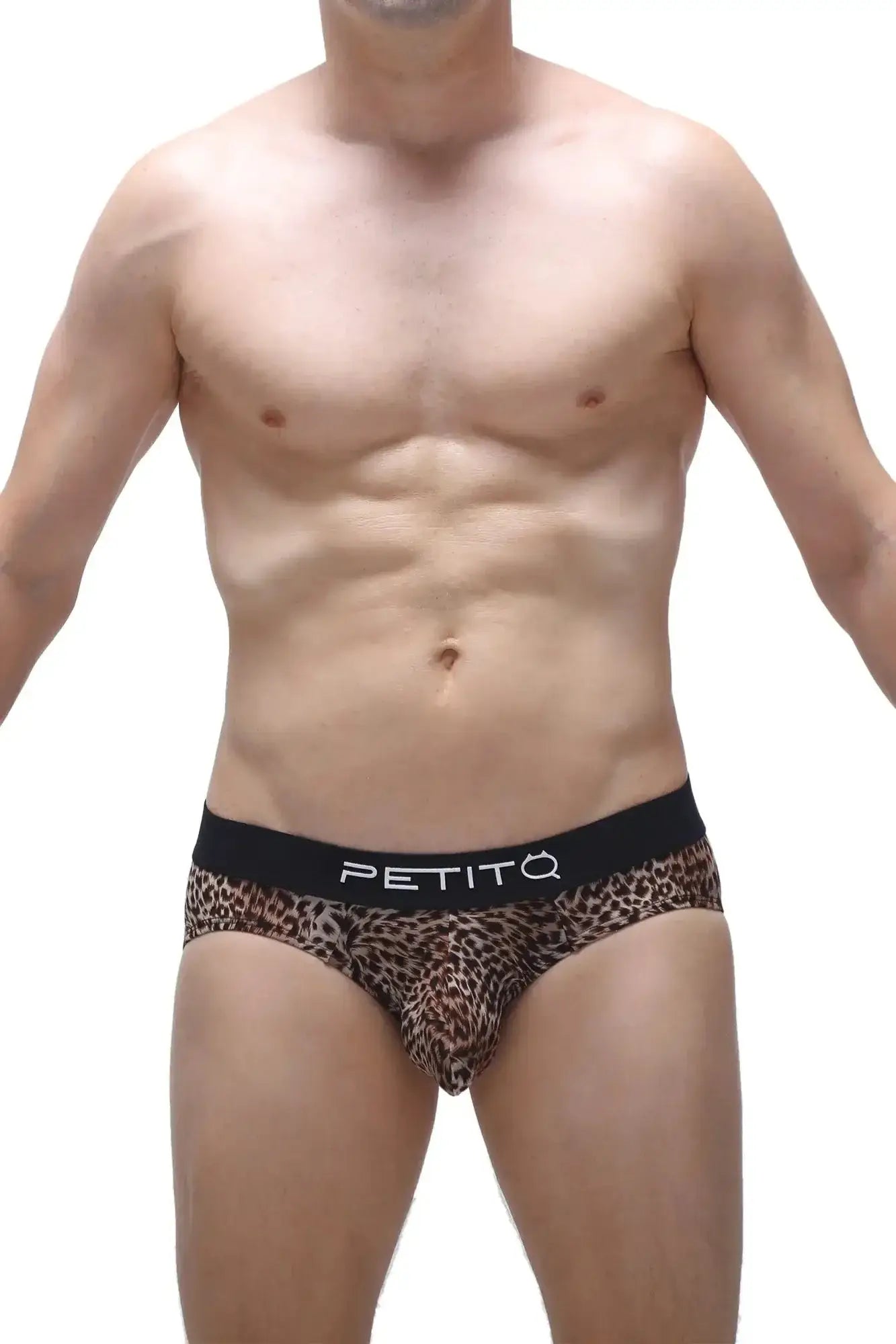 Petitq brief dome panthere leopard-print men’s briefs with black waistband and white petitq branding