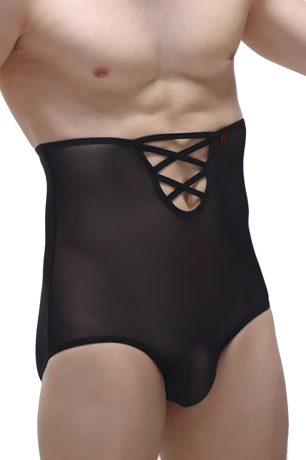 PetitQ brief gaine net black sheer lace-up high-waisted men’s underwear with smooth form-fitting design