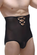 PetitQ brief gaine net black sheer lace-up high-waisted men’s underwear with smooth form-fitting design