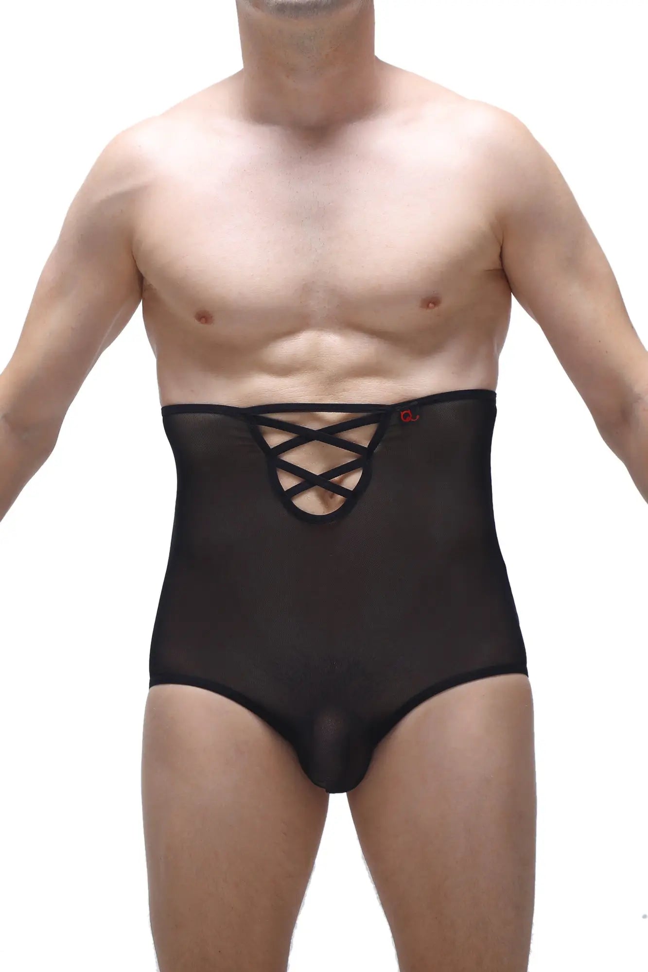 Black sheer mesh high-waisted PetitQ brief gaine net underwear with lace-up front design