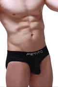 Black petitq brief hang mens briefs with sleek form-fitting design and subtle white branding on the waistband