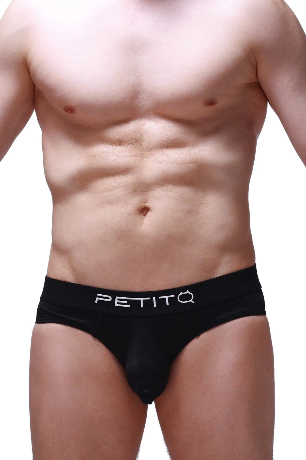 Black petitq brief hang men’s briefs with sleek form-fitting design and white logo waistband branding