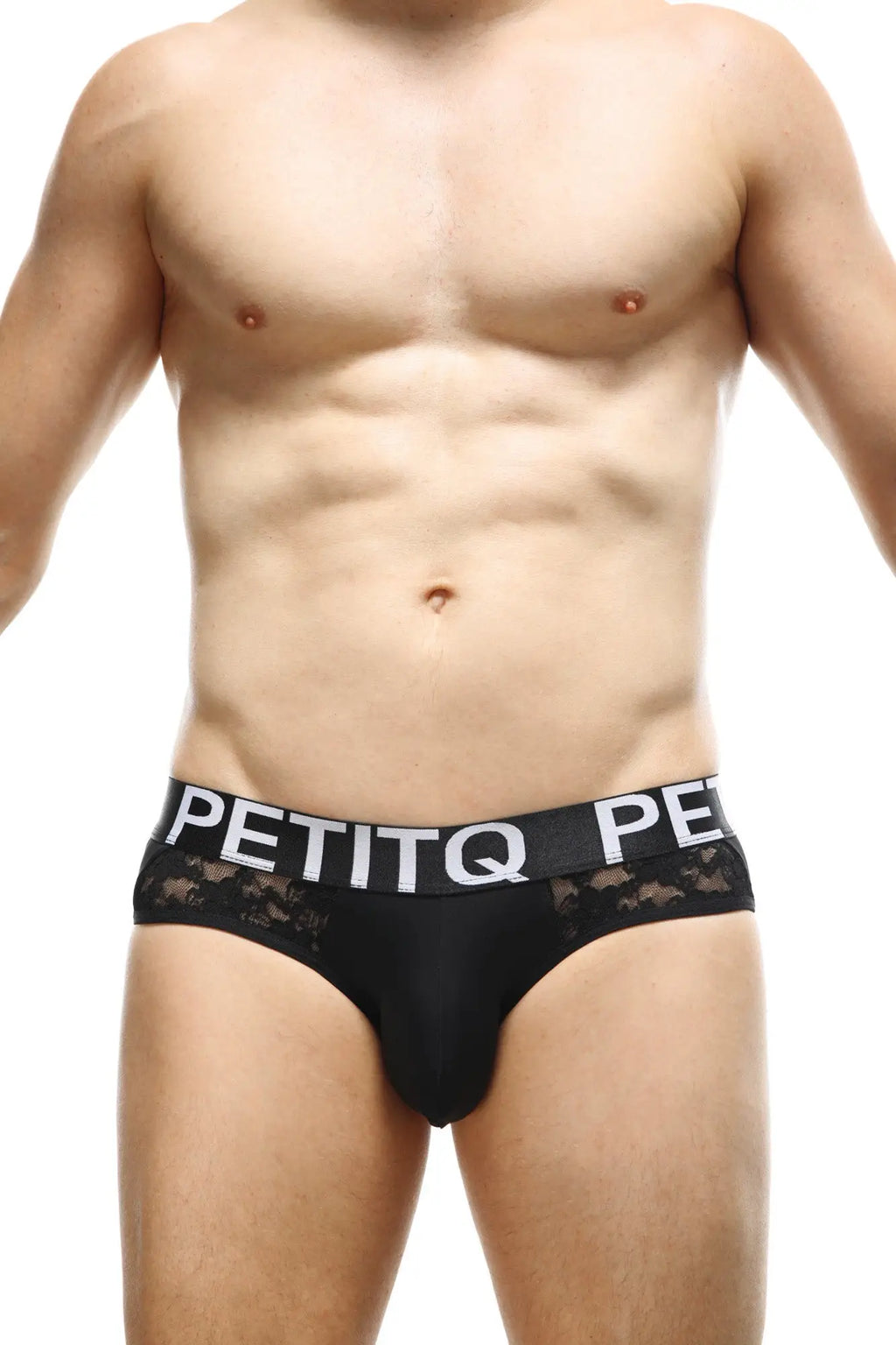 PetitQ brief herm lace black mens briefs in black lace trim with white petitq logo waistband