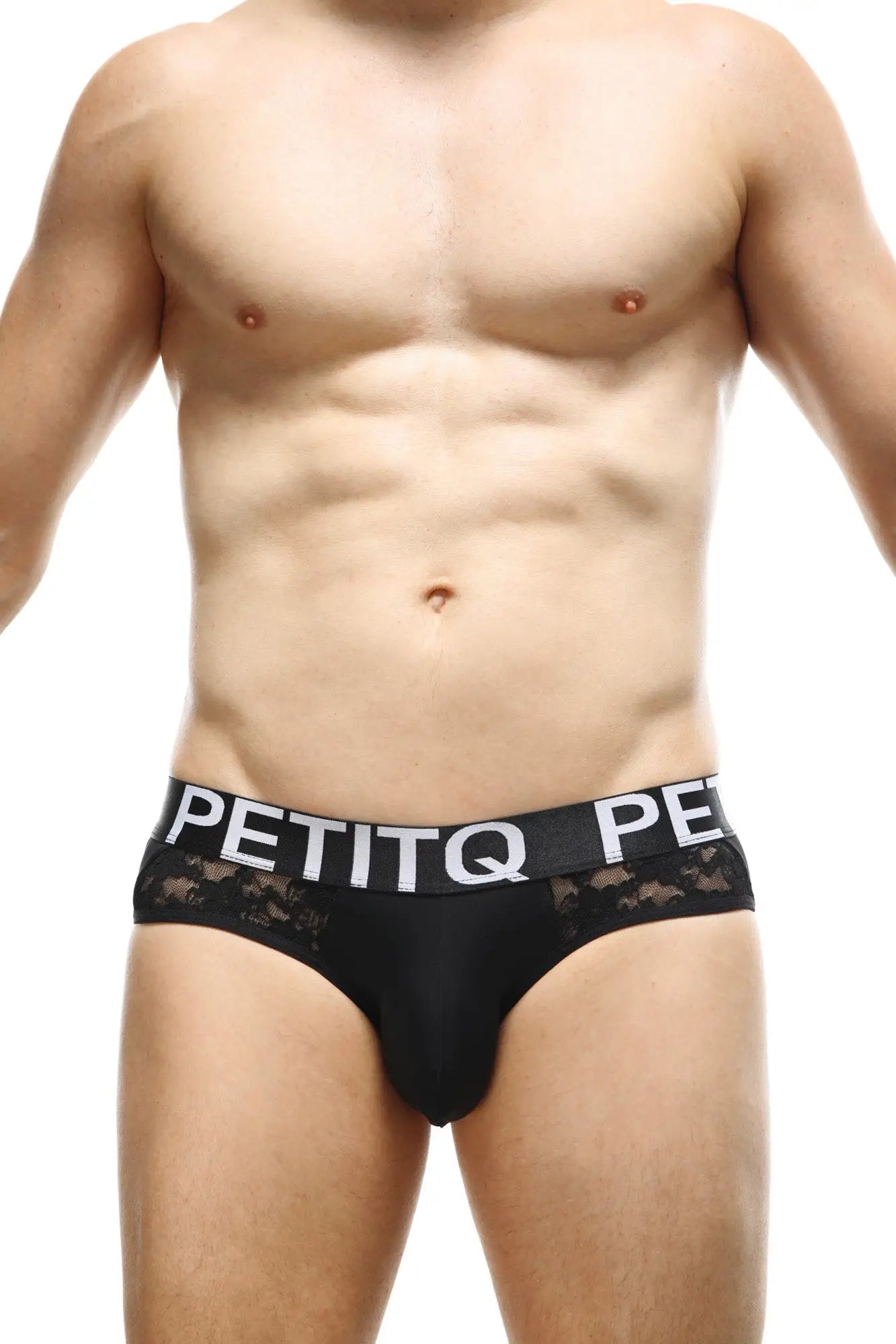 PetitQ brief herm lace black mens briefs in black lace trim with white petitq logo waistband