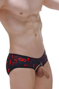 Black PetitQ brief with red erotic patterns and front zipper detail designed as a boudoir cockring accessory