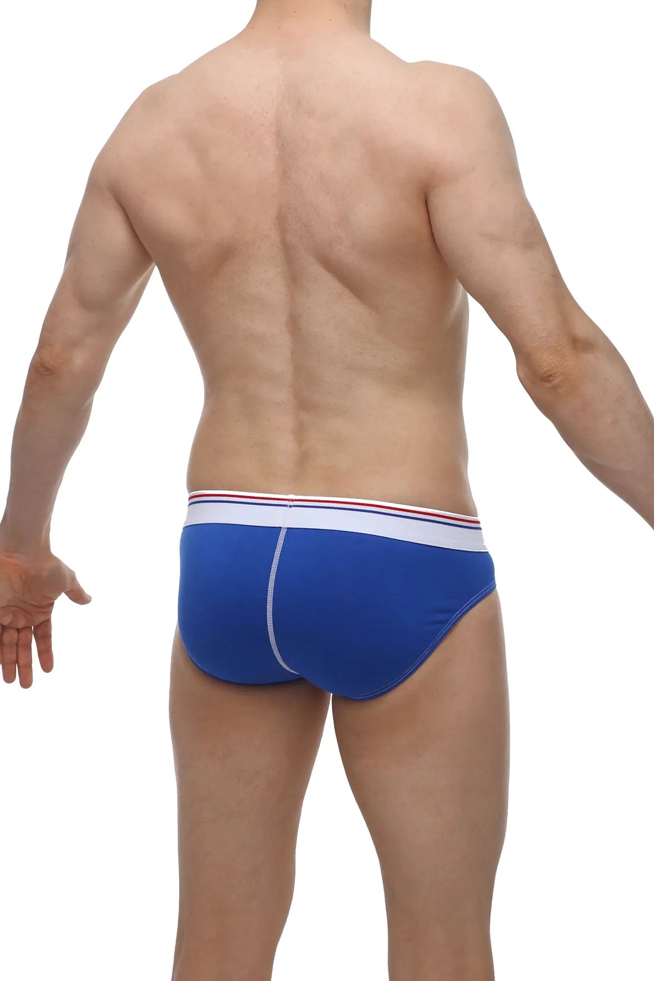 PetitQ brief Hornoy blue men’s briefs in soft fabric with blue color and white waistband featuring red and blue stripes