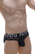 Black lace-trimmed petitq men’s briefs with bold white logo band in black lace fabric for stylish comfort