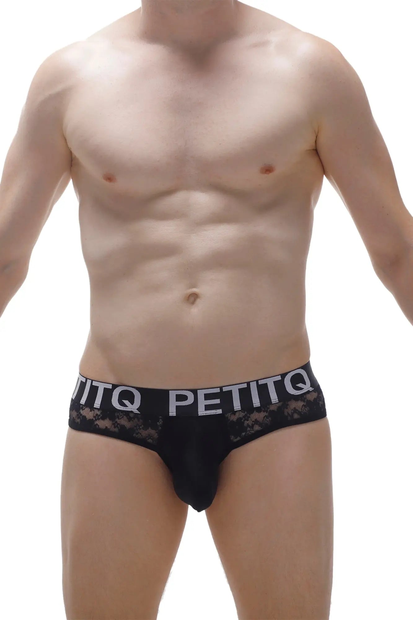 Black lace-trimmed men’s briefs in black with petitq branding on the waistband for stylish comfort