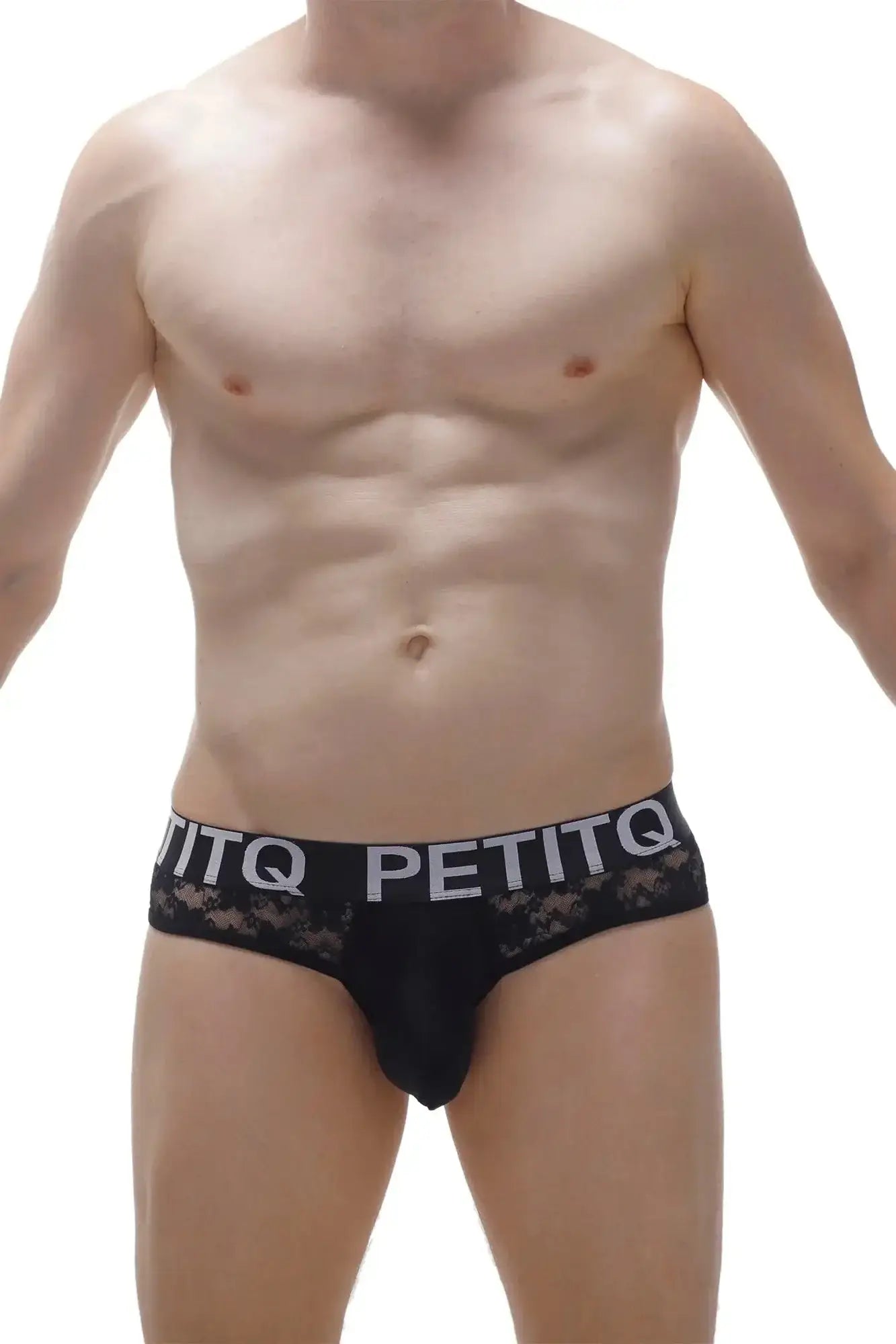 Black lace-trimmed men’s briefs in black with petitq branding on the waistband for stylish comfort