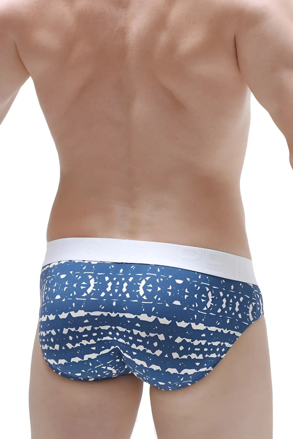 Blue and white patterned men’s briefs with solid white waistband from PetitQ brief Jans new denim collection