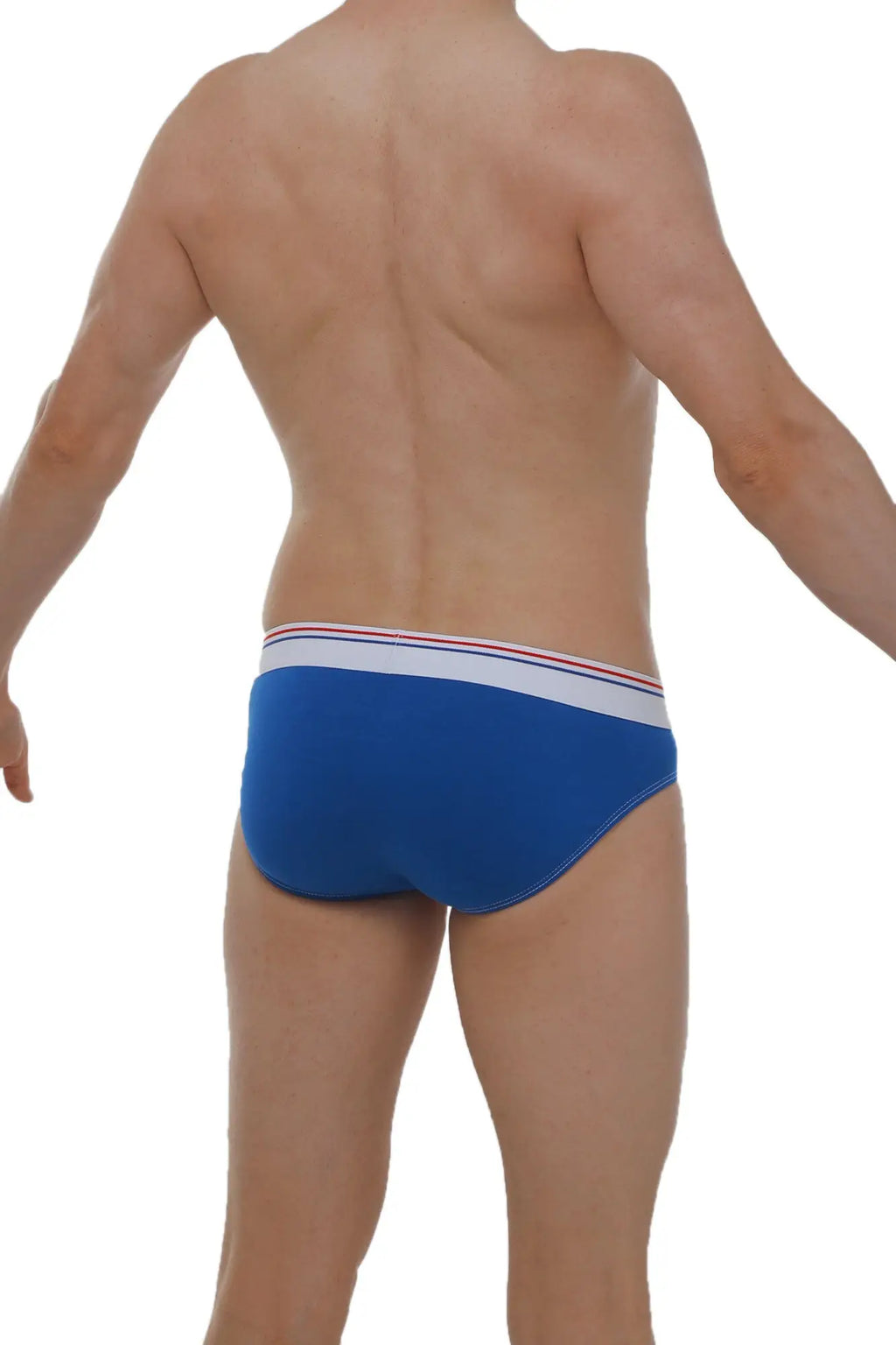 PetitQ brief Linay Bigout blue men’s briefs in blue with a white waistband and thin red and blue stripes