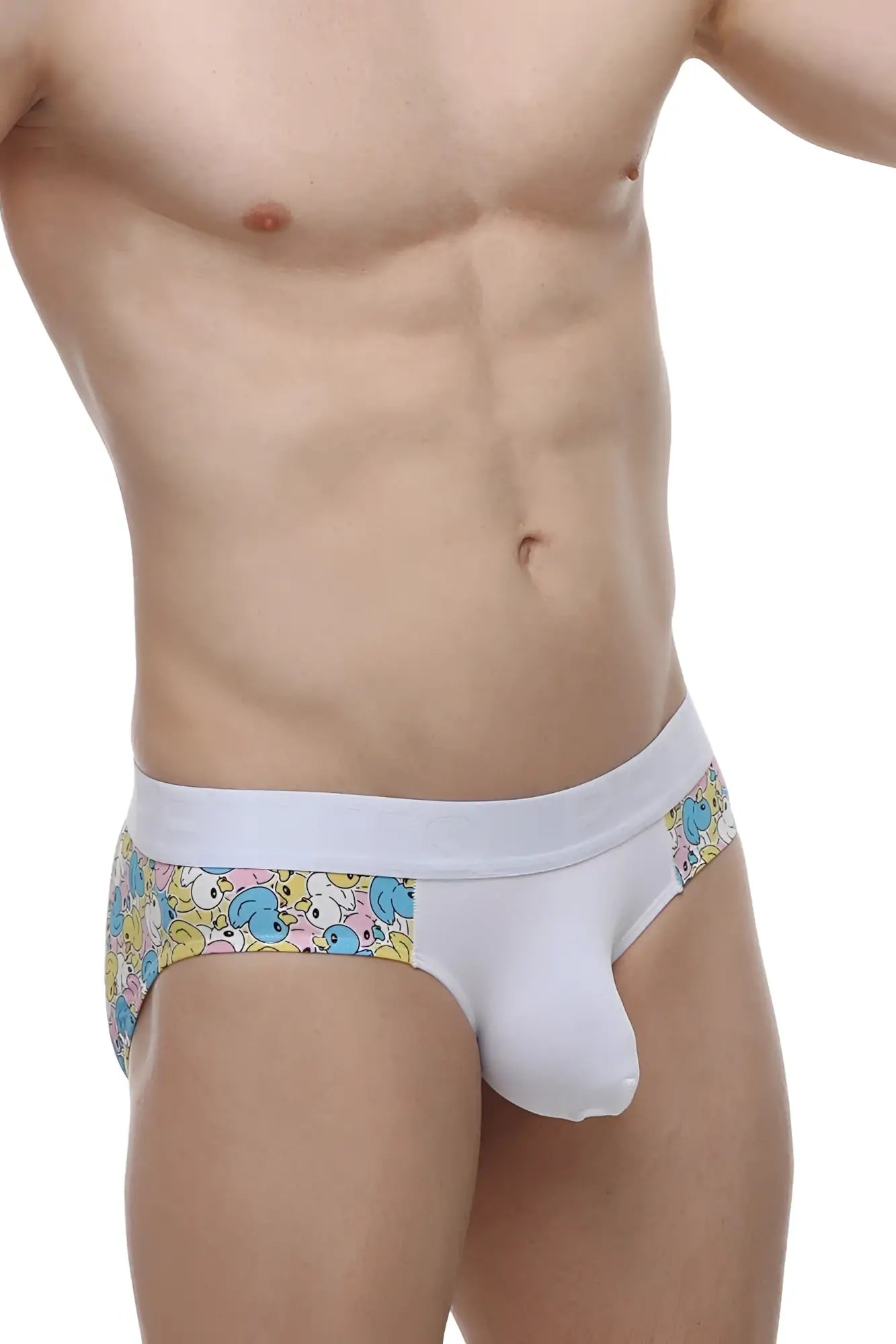 White petitq brief linay duckies with colorful blue and yellow cartoon character pattern on the sides