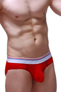Red mens briefs petitq brief linay modal in red with white waistband striped in red and blue and penti brand name in gray