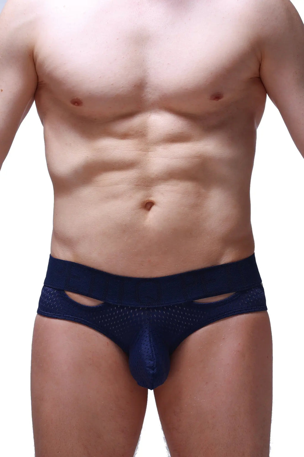 Navy blue PetitQ mesh briefs with solid waistband and cutout details showing front side design