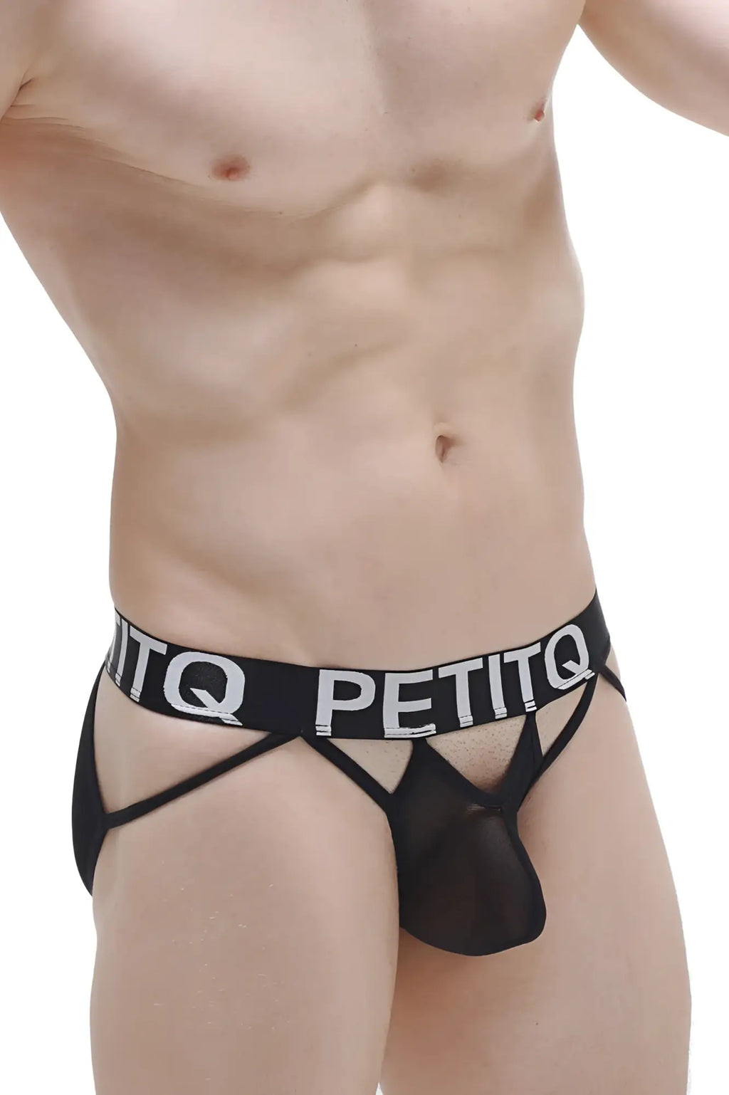 Black petitq brief mano net mens underwear with sheer mesh front and bold white lettering on waistband