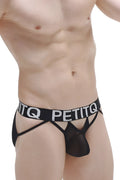 Black petitq brief mano net mens underwear with sheer mesh front and bold white lettering on waistband