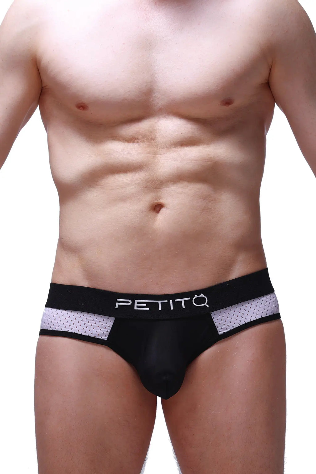 Black PetitQ briefs with white mesh side panels and branded waistband Maray Bee design for comfortable support