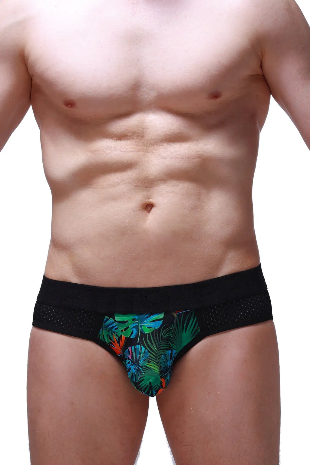 Black PetitQ brief Maray tropical with vibrant tropical leaf pattern in green blue and orange on soft fabric