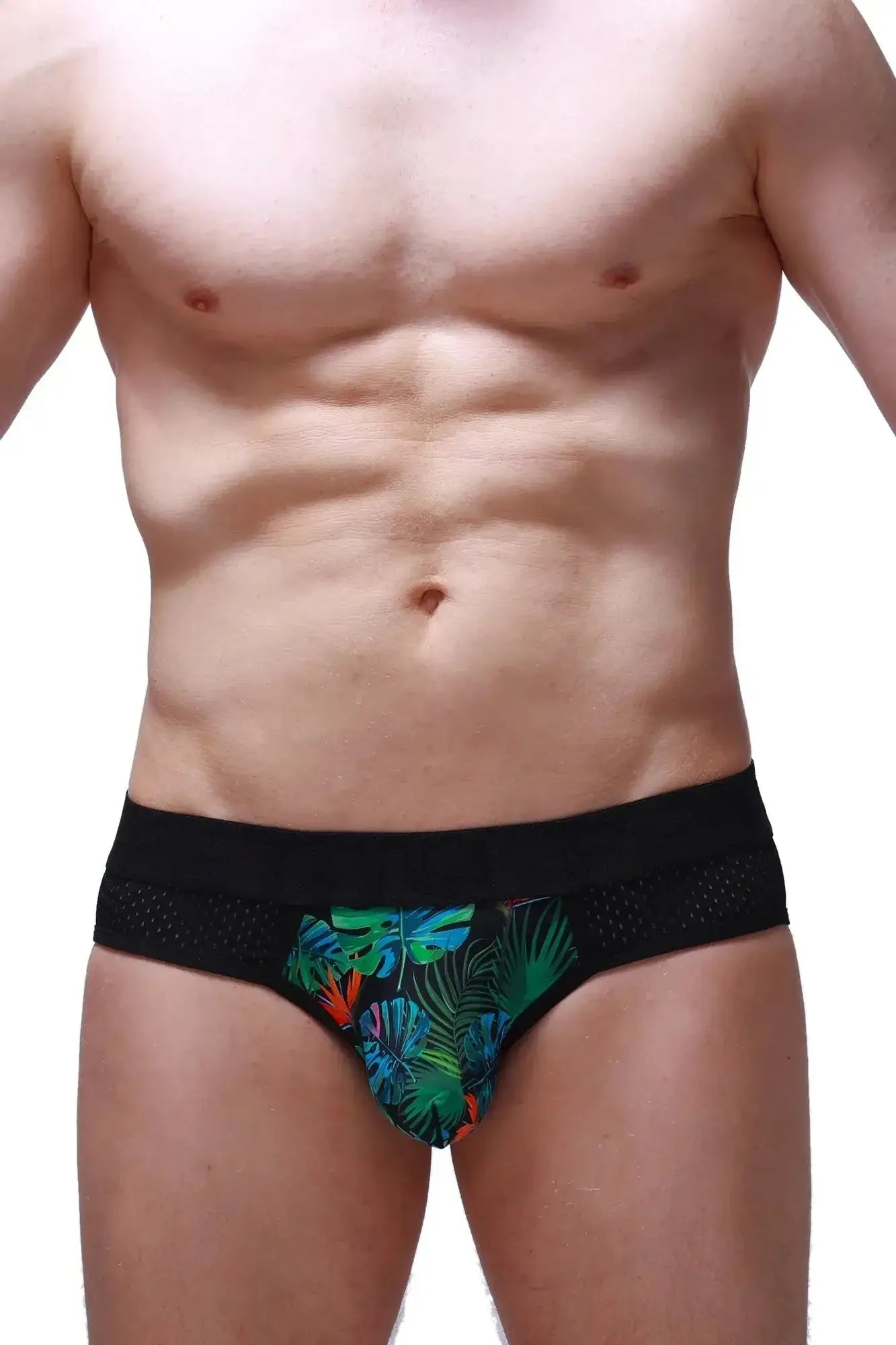 Black PetitQ brief Maray tropical with vibrant tropical leaf pattern in green blue and orange on soft fabric