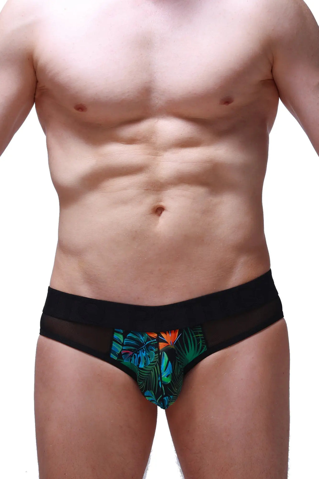 Petitq brief marsol tropical black briefs with vibrant tropical leaf and orange flower pattern on front