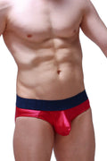 Red metallic brief with navy blue waistband from petitq brief matraux framboise collection showing front side