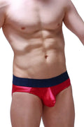 Red metallic brief with navy blue waistband from petitq brief matraux framboise collection showing front side