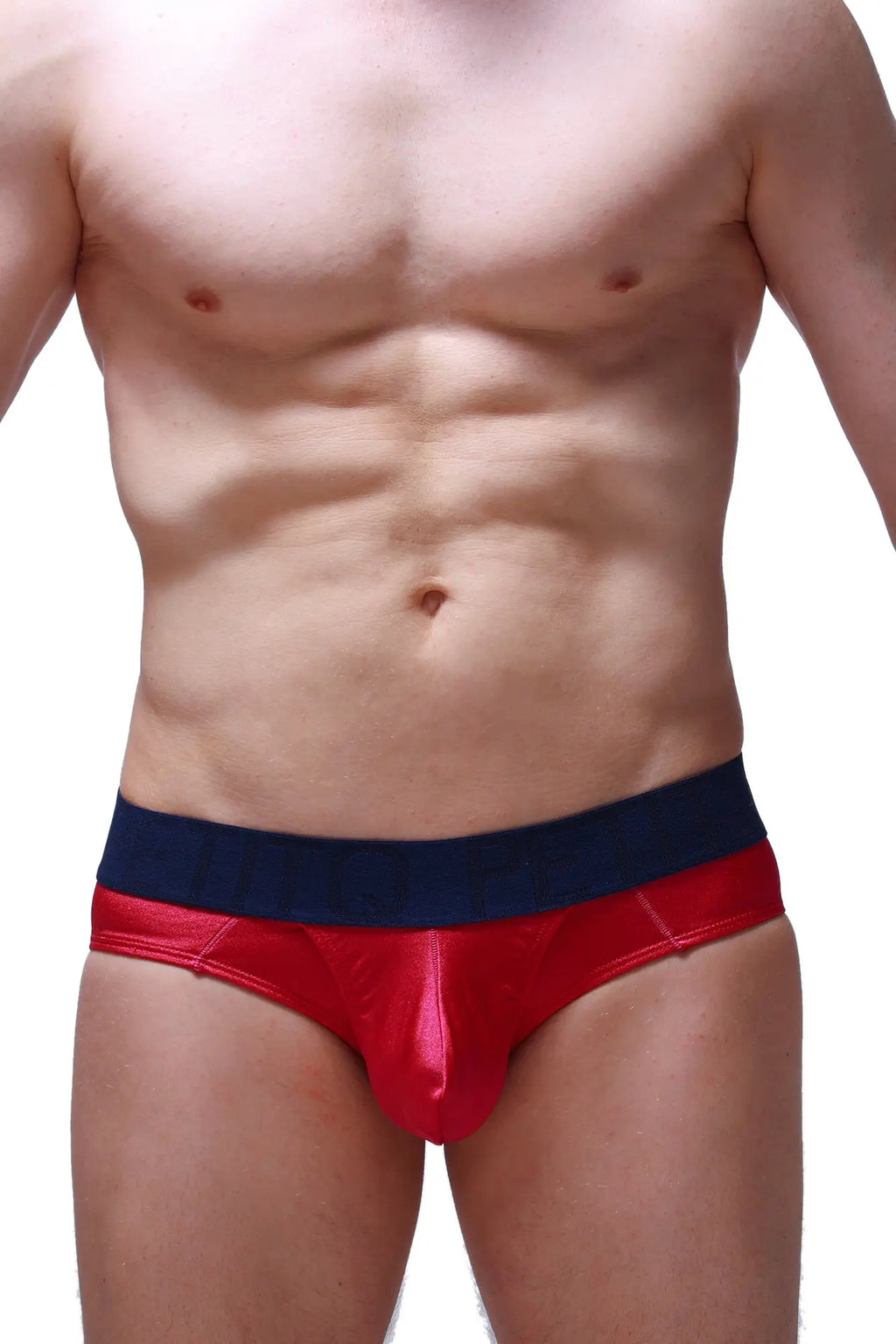 PetitQ brief Matraux Framboise men’s briefs in red and navy blue with a shiny satin finish