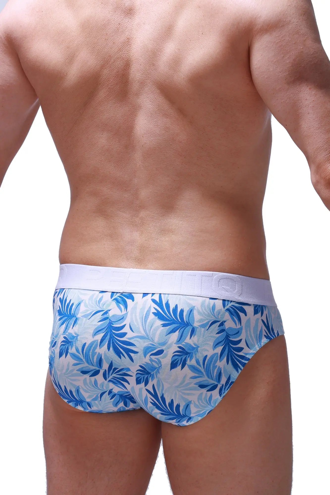 Petitq brief mega bulge mahea in blue and white tropical leaf pattern with solid white elastic waistband for men