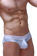 Light blue and white patterned petitq brief mega bulge marbre sky blue with transparent mesh design