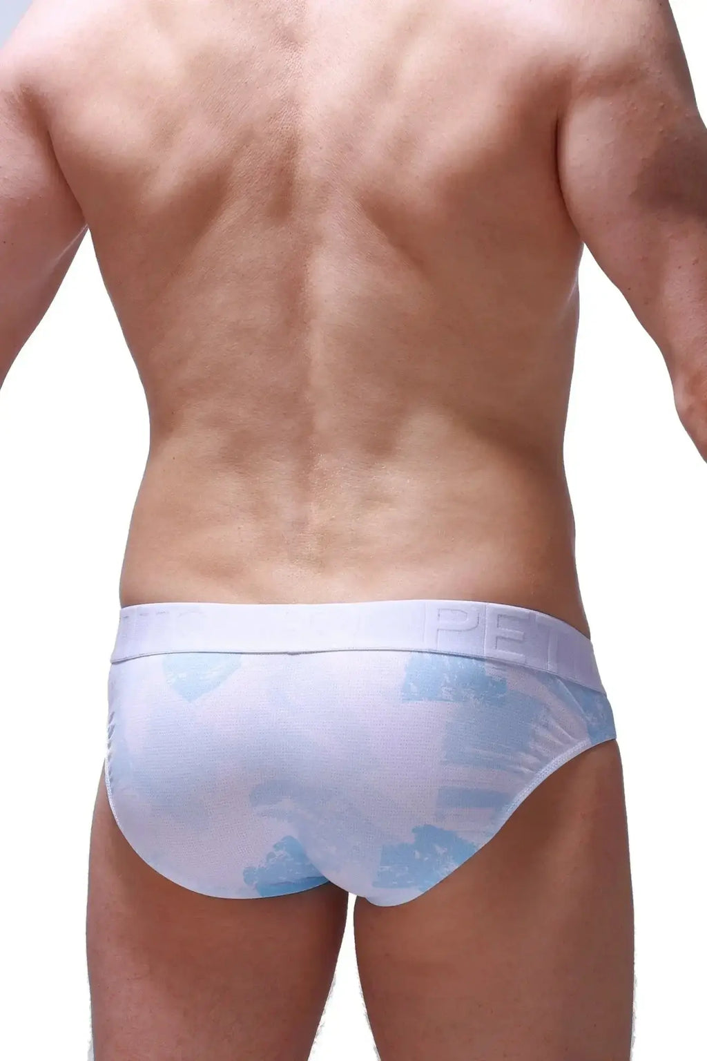 Petitq brief mega bulge marbre sky blue white briefs with light blue abstract brushstroke patterns and matching waistband