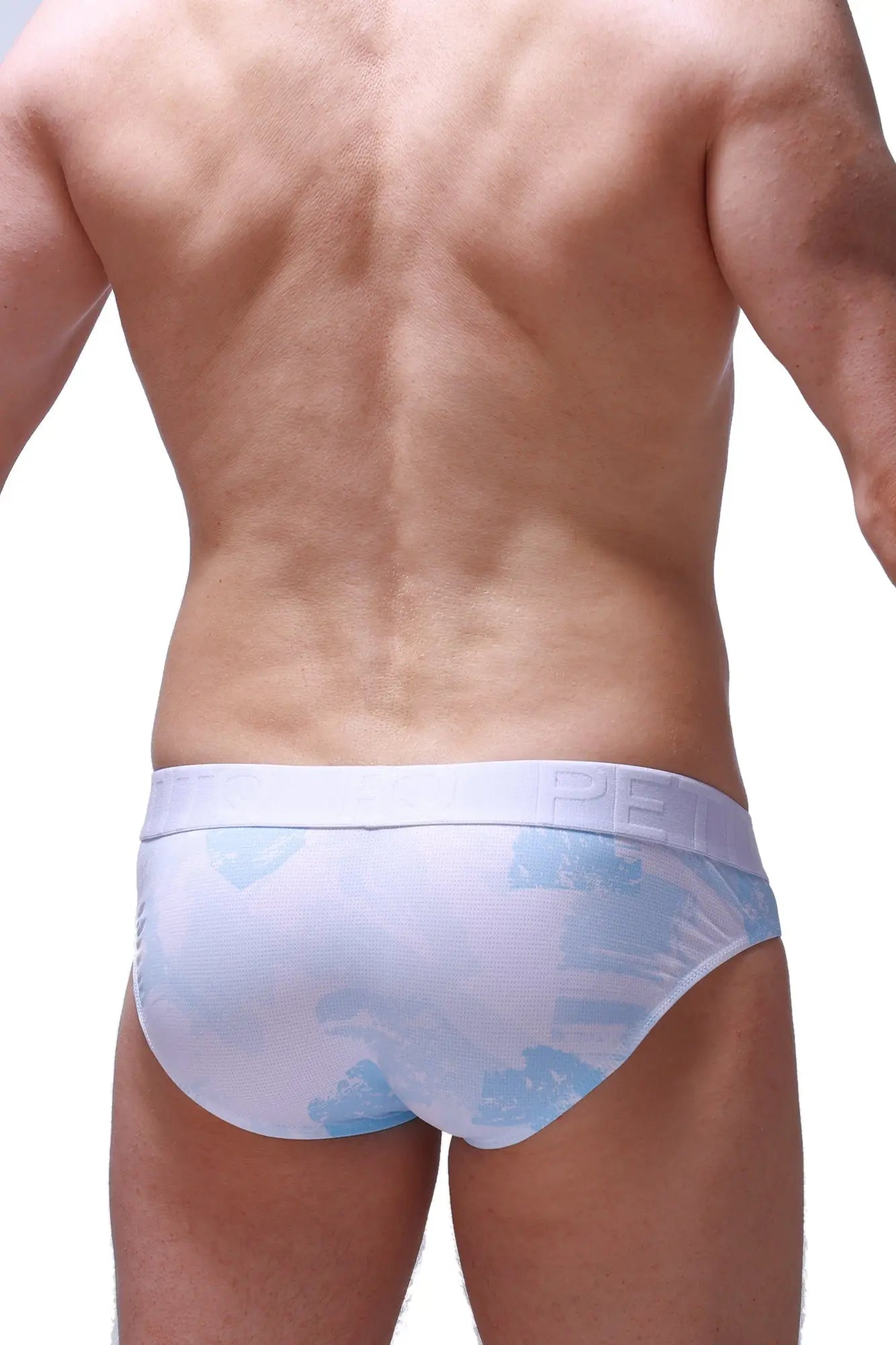 Petitq brief mega bulge marbre sky blue white briefs with light blue abstract brushstroke patterns and matching waistband