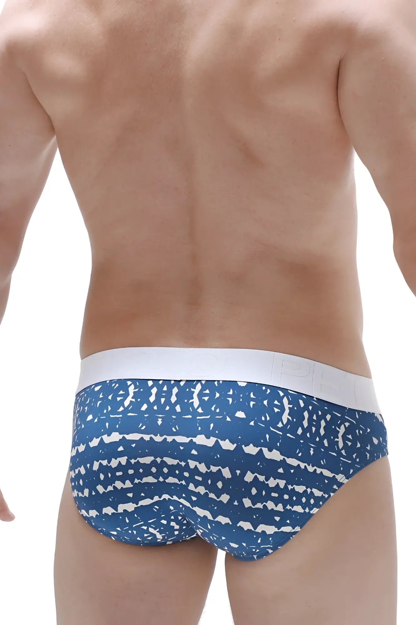 Blue and white patterned briefs with geometric design from petitq brief mega bulge new denim collection