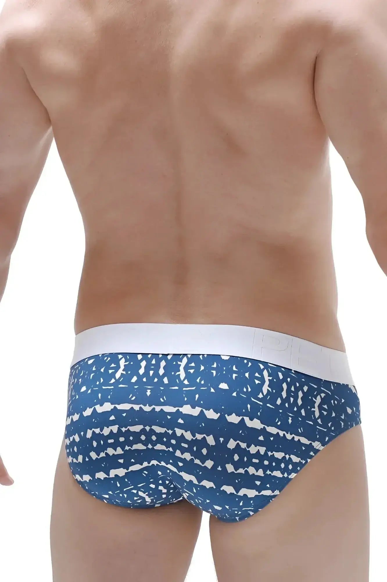 Blue and white patterned briefs with geometric design from petitq brief mega bulge new denim collection