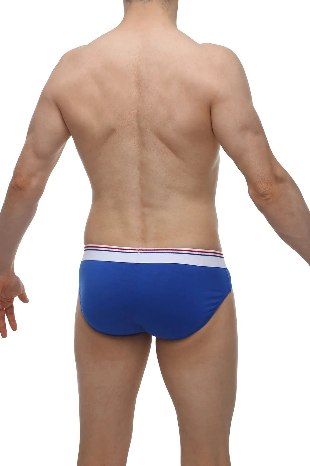 Blue petitq brief menhir modal men underwear with white waistband featuring thin red and blue stripes