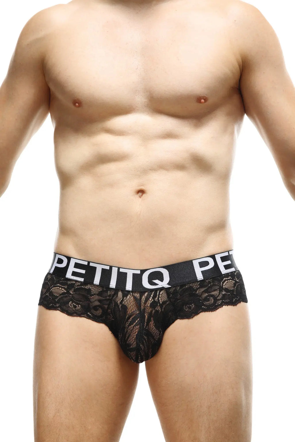 Black lace men’s underwear brief with branded elastic waistband petitq brief miers lace black front view
