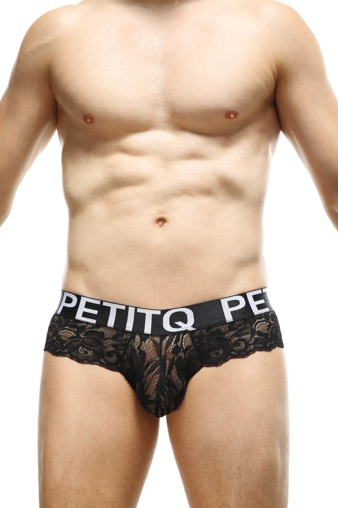 Black lace men’s underwear brief with branded elastic waistband petitq brief miers lace black front view