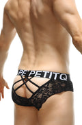 Back view of petitq brief miers lace black men’s underwear with crisscross design and branded waistband
