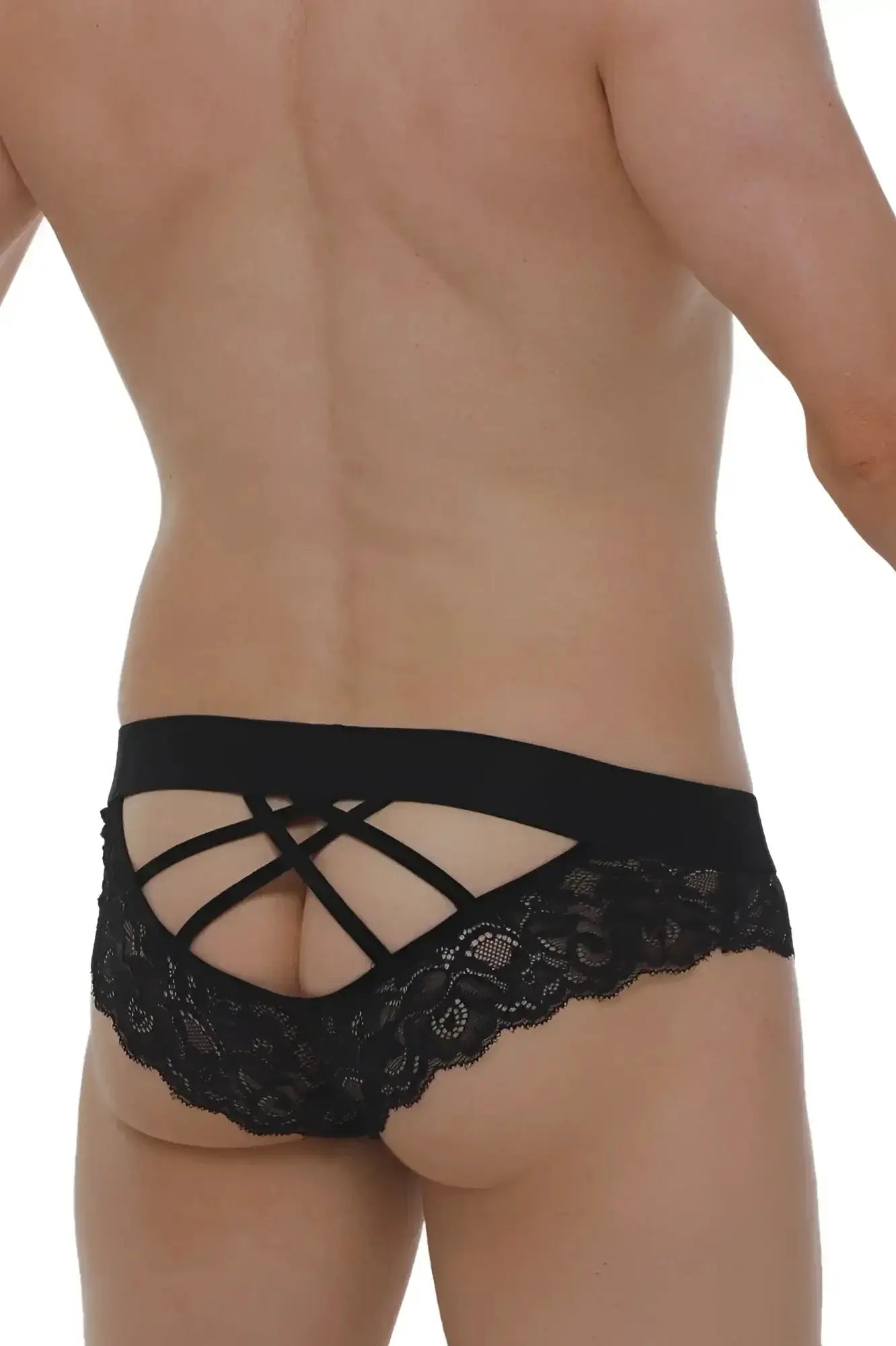 Black lace thong petitq brief miers lace black with crisscross back design and delicate floral patterns