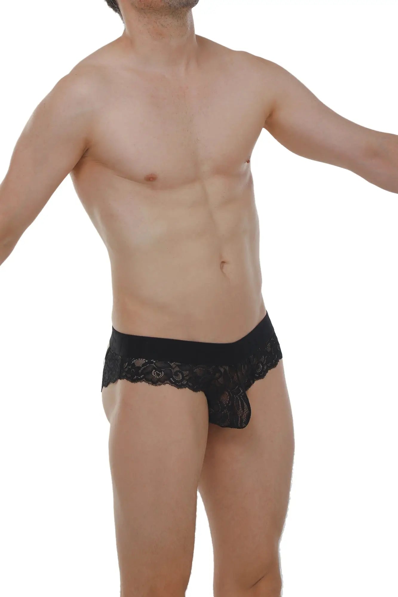 PetitQ brief miers lace black men’s briefs with black lace trim and sheer patterned front panel