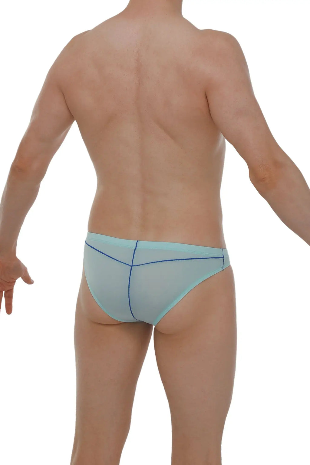 Light blue sheer mesh briefs with thin navy blue stitching along seams from petitq brief mison plum sky blue collection