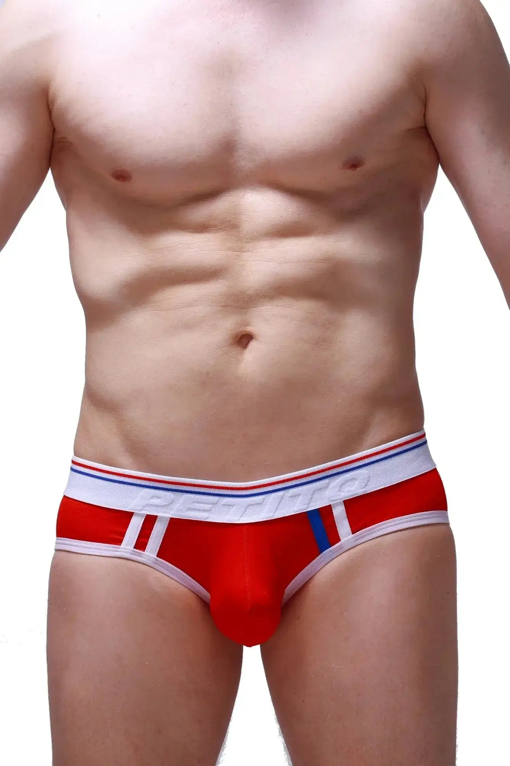 Petitq brief montjoi modal red mens briefs in red with white and blue trim and perfecto logo on the waistband