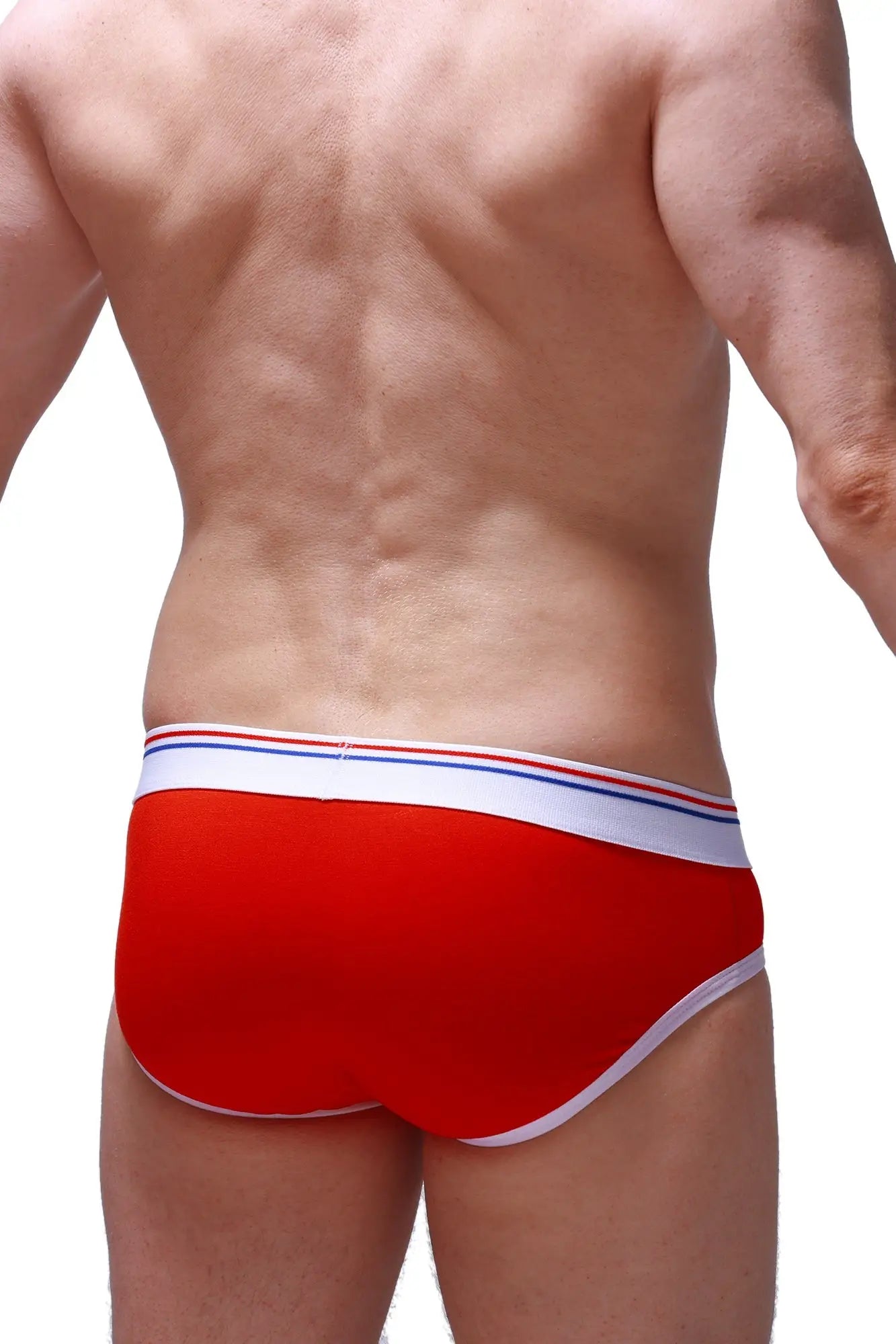 Red briefs with a white waistband featuring red and blue stripes made of modal fabric from petitq montjoi collection