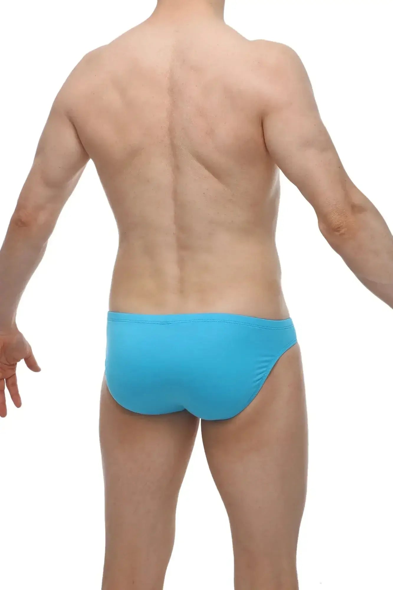 Bright blue petitq brief mulsans turquoise swim trunks with smooth form-fitting design ideal for swimming