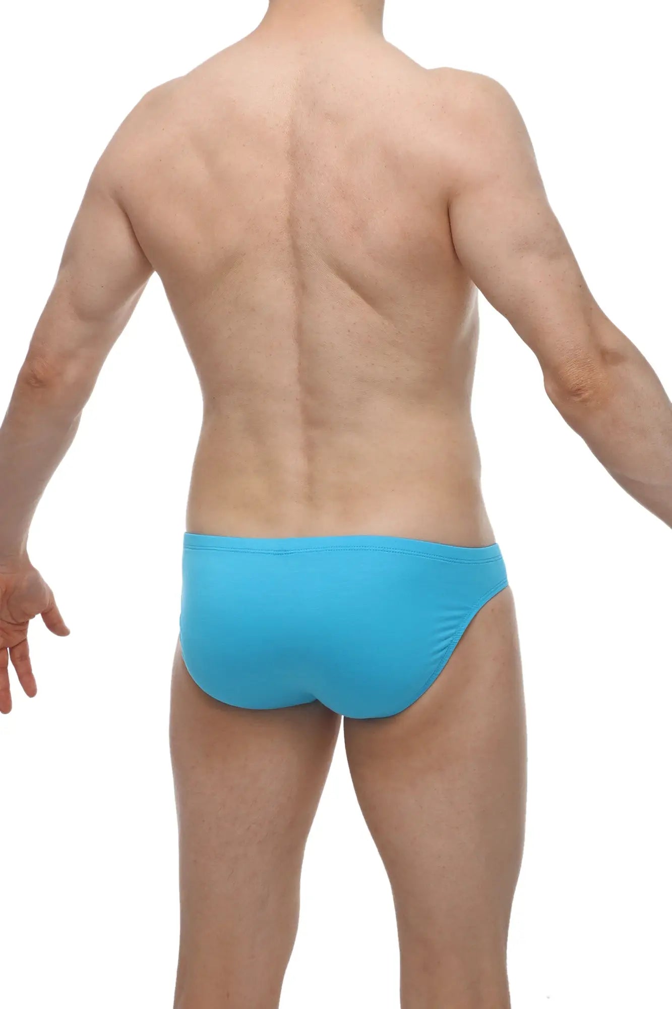 Bright blue petitq brief mulsans turquoise swim trunks with smooth form-fitting design ideal for swimming